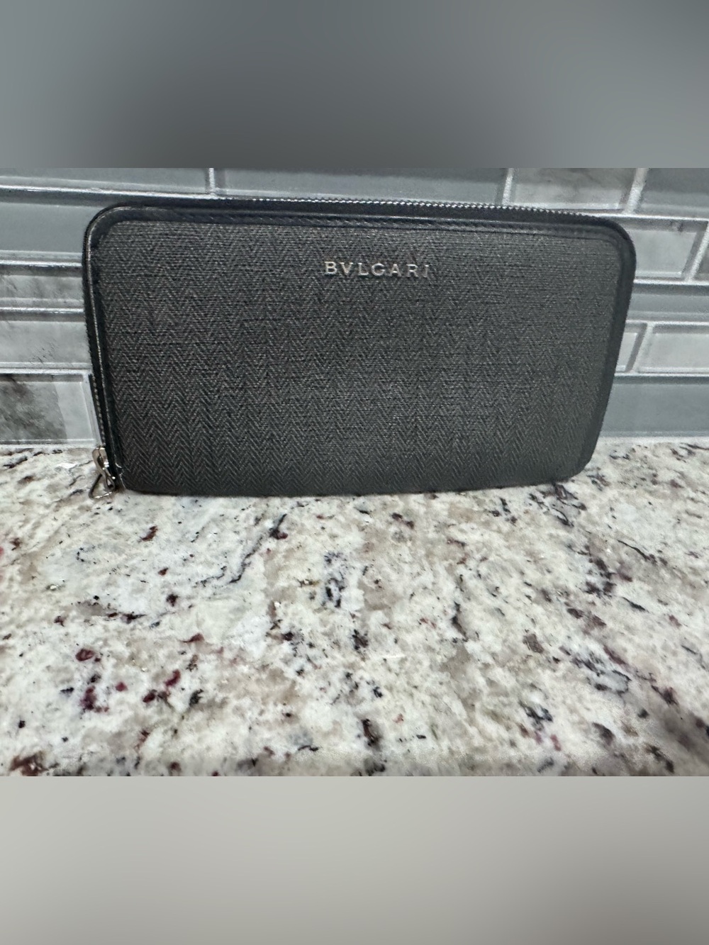 BVLGARI Gray Zip Around Wallet zipper pull missing